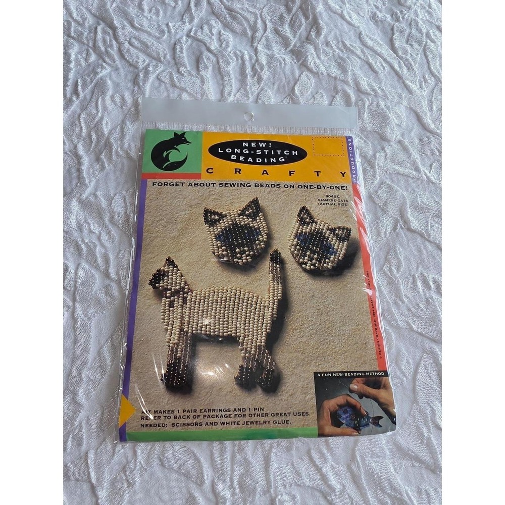 vintage Crafty Long-Stitch Beading Kit designed to create Siamese cat jewelry